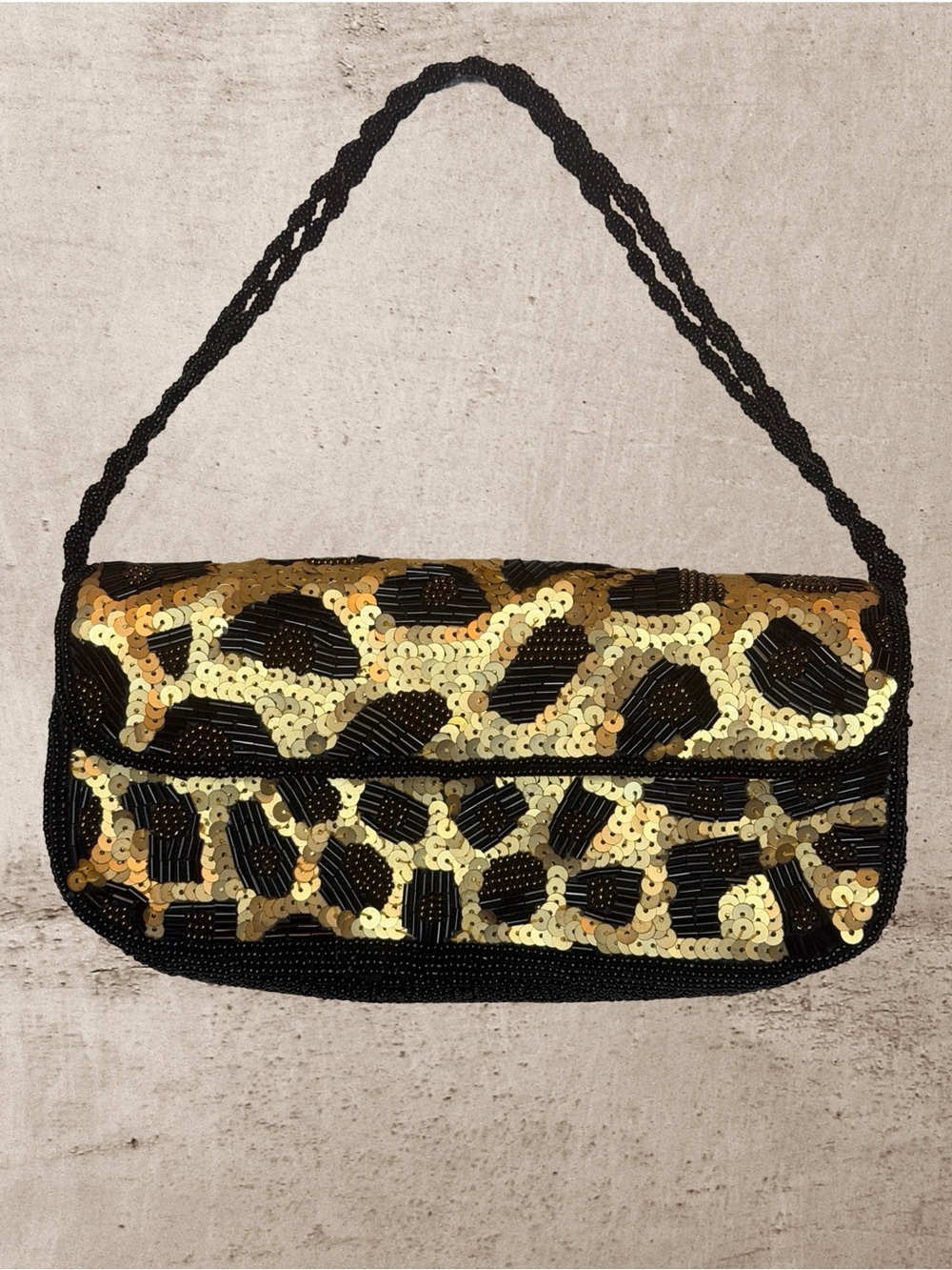 Inge Christopher Sequin Beaded Leopard Print Clutch Shoulder Bag Black Gold - Picture 3 of 13